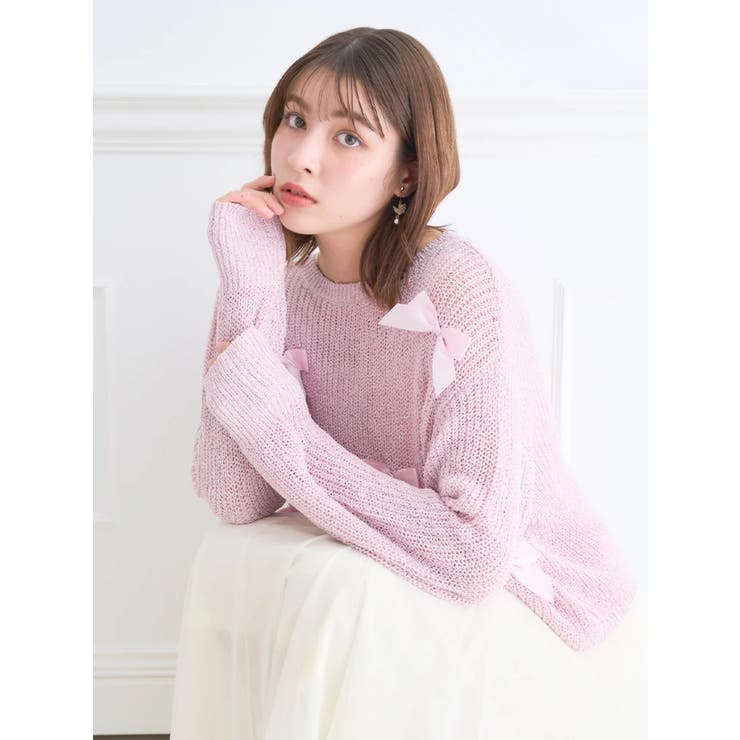 リボン付きメッシュニットトップス[品番：PLMW0013711]｜LUDIC