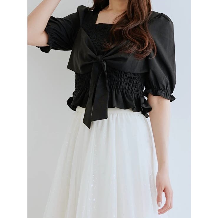 黒 | 無地シャーリングリボンブラウス | LUDIC PARK