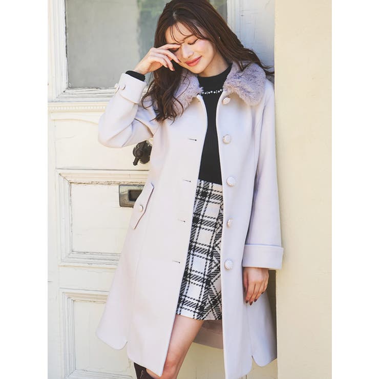 ピンク | フェイクウールファー襟付きロングコート | LUDIC PARK