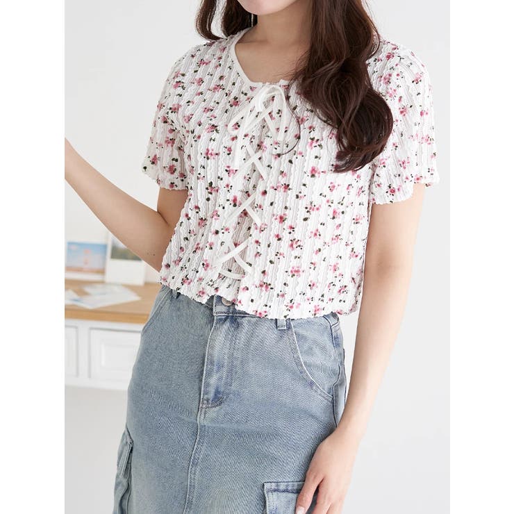 ピンク | 小花柄 レースアッププルオーバー | LUDIC PARK