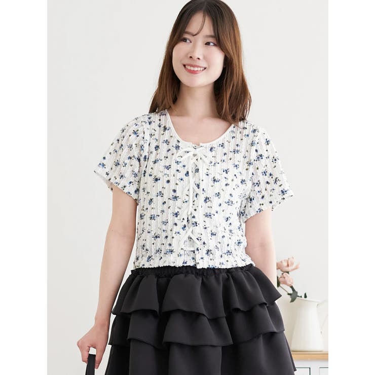 サックス | 小花柄 レースアッププルオーバー | LUDIC PARK