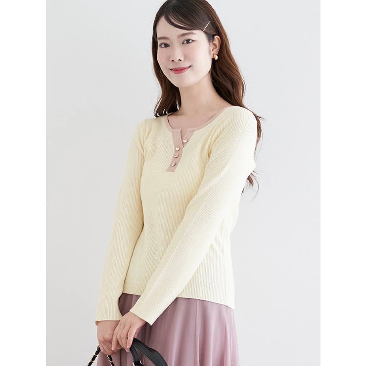 オフホワイト | ヘンリーネックリブニットトップス（無地・ボーダー柄） | LUDIC PARK