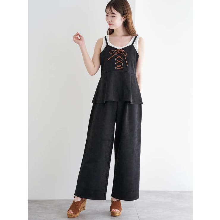 黒 | [SET]スエードポンチレースアップキャミソール×ワイドパンツ | LUDIC PARK