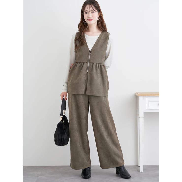 SET]スエードポンチフロントZIPベスト×ワイドパンツ[品番：PLMW0014950
