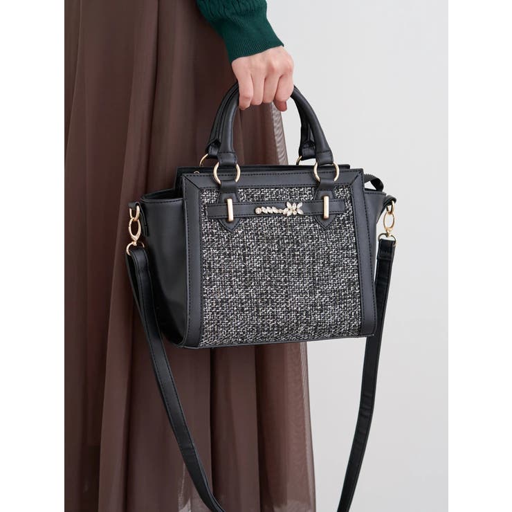 [2WAY]ビジュー付きツイード×フェイクレザーバッグ | LUDIC PARK | 詳細画像1 