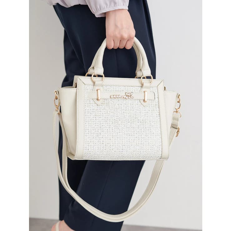 アイボリー | [2WAY]ビジュー付きツイード×フェイクレザーバッグ | LUDIC PARK