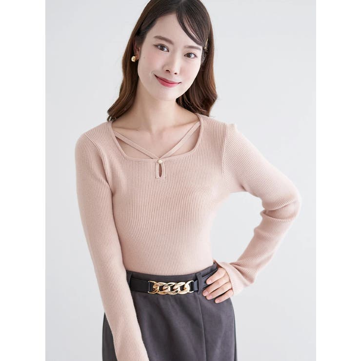 ベージュ | パール付きクロスリブニットトップス | LUDIC PARK