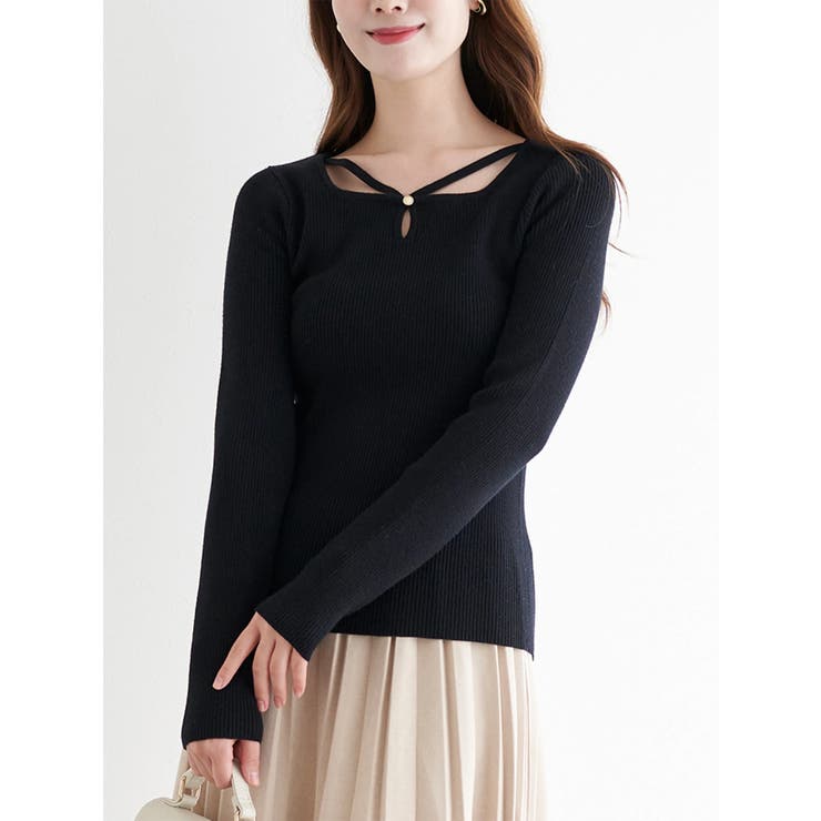 黒 | パール付きクロスリブニットトップス | LUDIC PARK