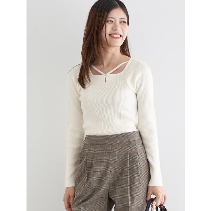 オフホワイト | パール付きクロスリブニットトップス | LUDIC PARK