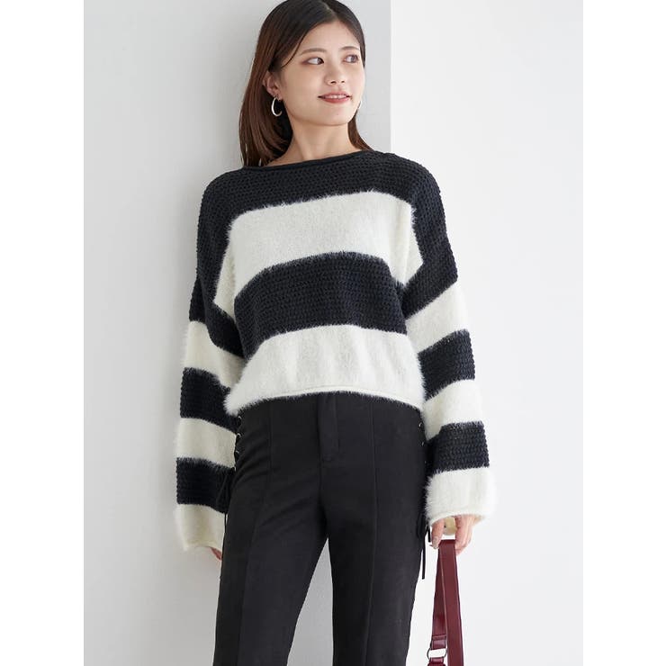 黒 | シャギーボーダーショート丈ニットプルオーバー | LUDIC PARK