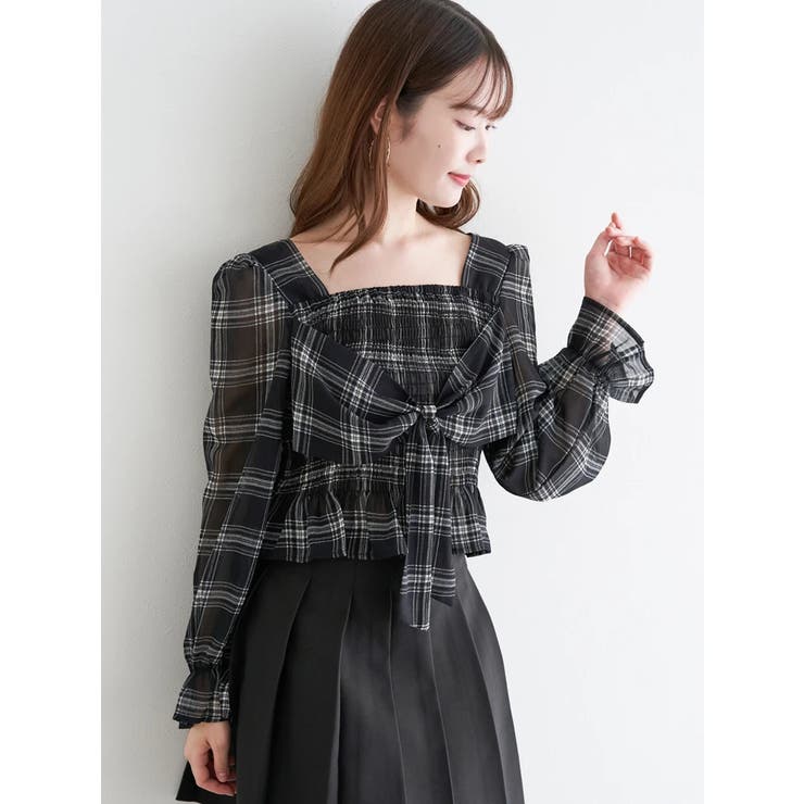 Ａ柄 | フロントリボンシャーリングブラウス（無地・チェック柄） | LUDIC PARK