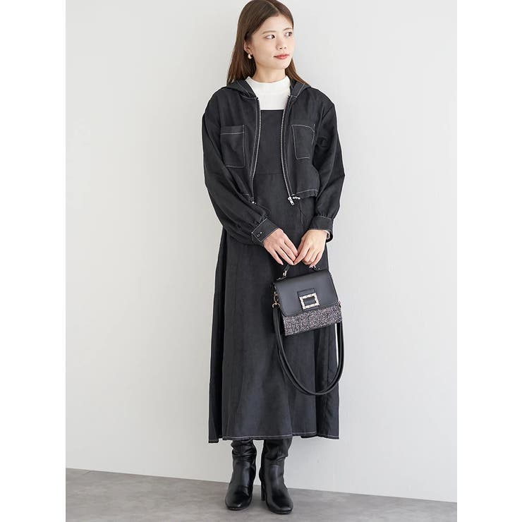 黒 | [SET]フードブルゾン×キャミワンピース（無地・チェック柄） | LUDIC PARK