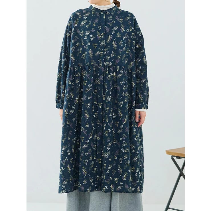 紺 | 花柄プリントギャザーワンピース | LUDIC PARK