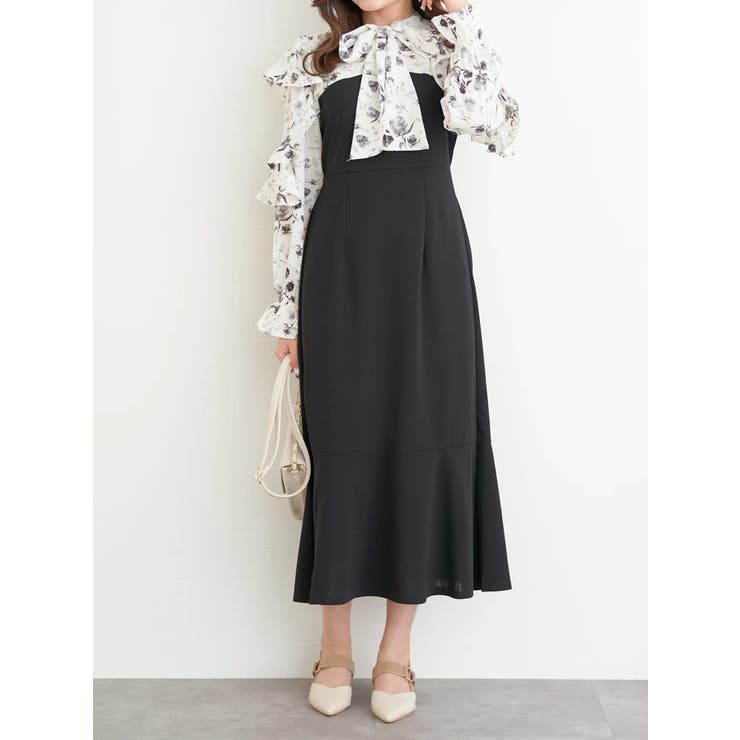 濃グレー | フリルボウタイブラウスドッキングワンピース | LUDIC PARK