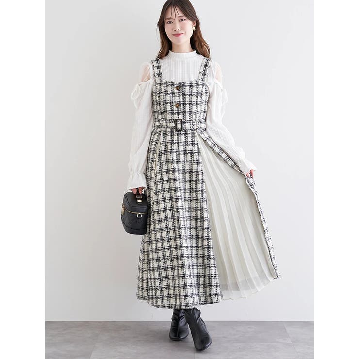 アイボリー | ツイード×プリーツ切り替えジャンパースカート | LUDIC PARK