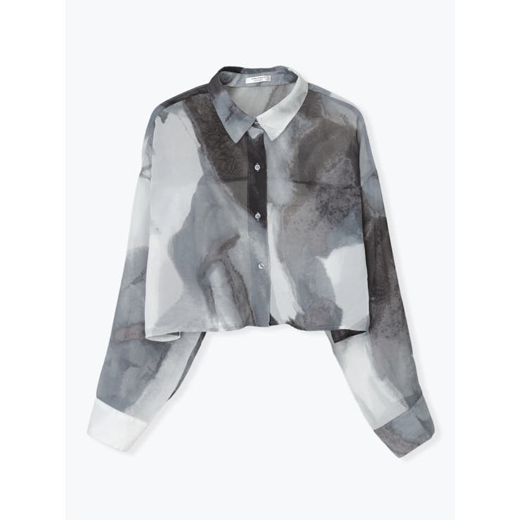 グレー | モノトーンアート柄プリントシフォンショート丈シャツ | LUDIC PARK