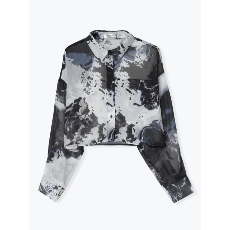 黒 | モノトーンアート柄プリントシフォンショート丈シャツ | LUDIC PARK