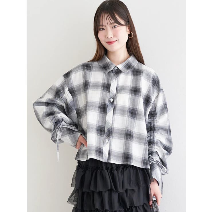 白 | ラインストーン ショート丈チェックシャツ | LUDIC PARK