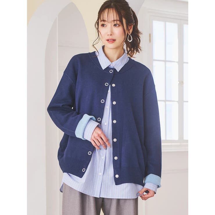 紺 | ハトメボタン配色クルーネックビッグカーディガン | LUDIC PARK