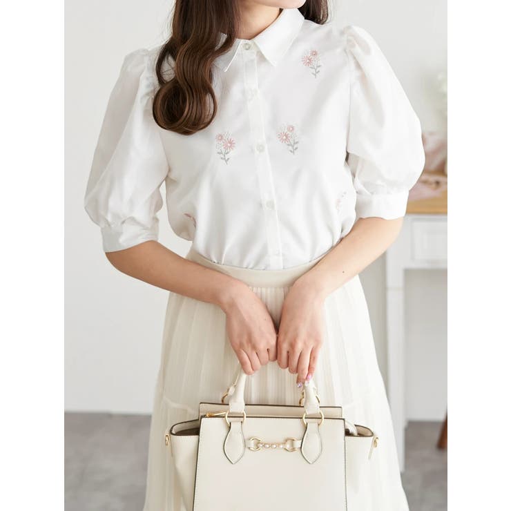 ピンク | 小花刺繍半袖シャツブラウス | LUDIC PARK