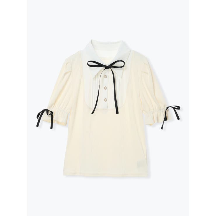アイボリー | リボン付きシャツレイヤード風トップス | LUDIC PARK