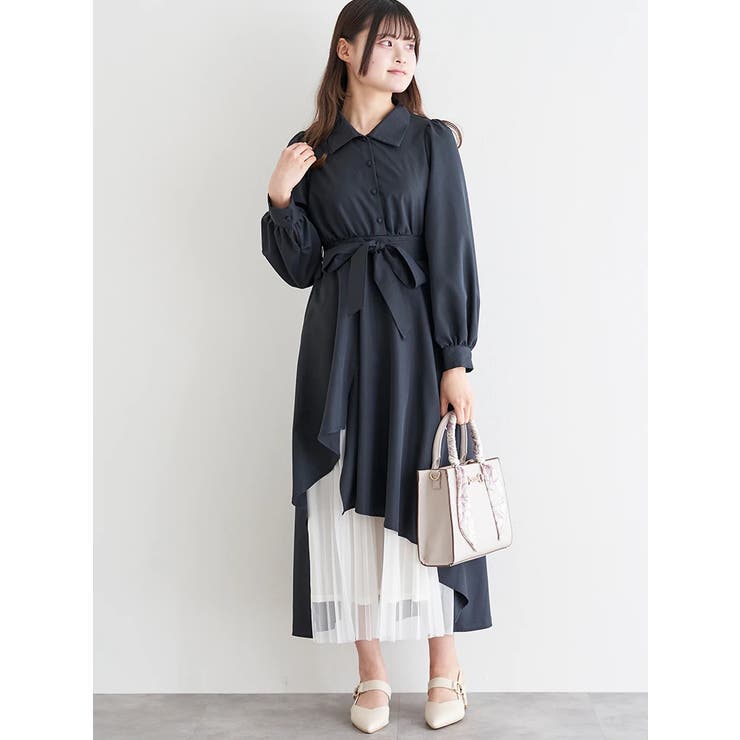 紺 | 異素材アシンメトリープリーツワンピース | LUDIC PARK