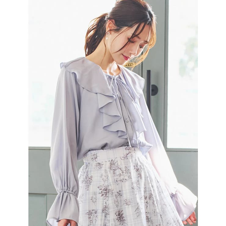 青 | ピンタックサテンフリルブラウス | LUDIC PARK