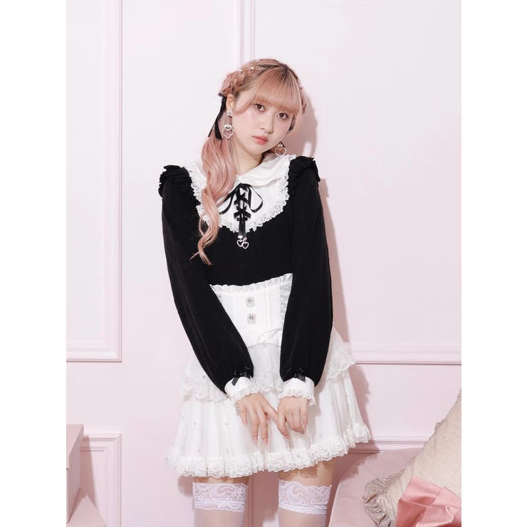 お嬢さんハートチャームレースアップカットソー[品番