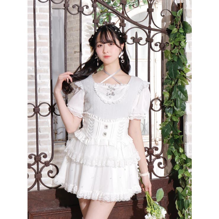 お嬢さんバックレースアップチョーカーネックカットソー[品番