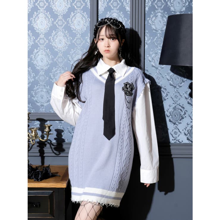 サックス | ケーブルフェイクレイヤーユニセックスニットベスト | NOEMIE