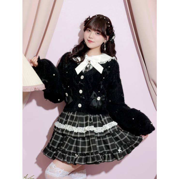 黒 | メニーリボンビジューふわふわシャギーカーデ | NOEMIE