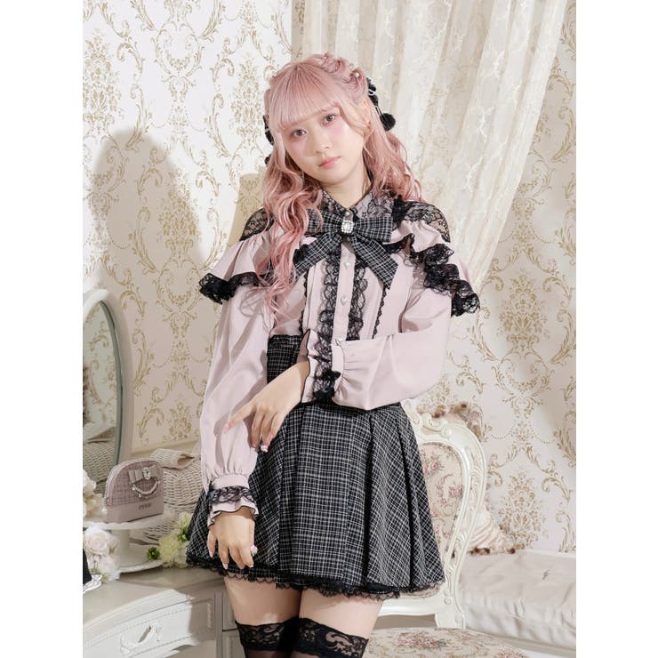 ピンク | ツイードリボンケープフリルオープンショルダーブラウス | NOEMIE