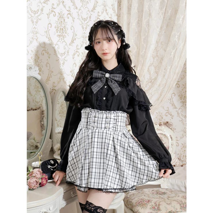 黒 | ツイードリボンケープフリルオープンショルダーブラウス | NOEMIE