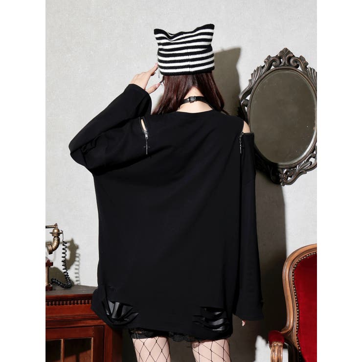 病みねこリングチェーンダメージユニセックスロングTシャツ | NOEMIE | 詳細画像3 