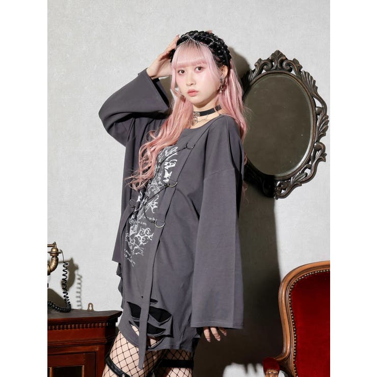 フロントクロスチェーンダメージユニセックスロングTシャツ | NOEMIE | 詳細画像8 