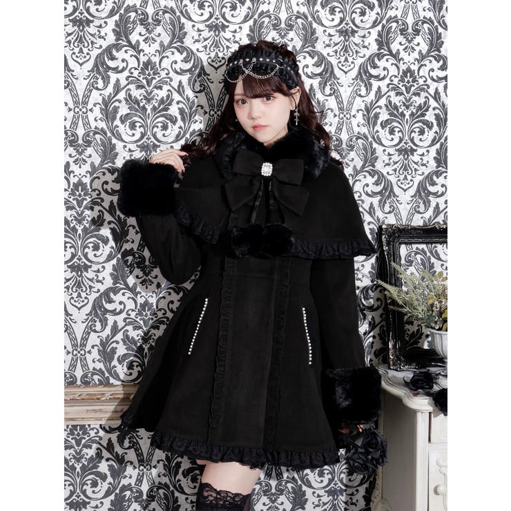 黒 | ゴシックフリルレースアップケープコート | NOEMIE