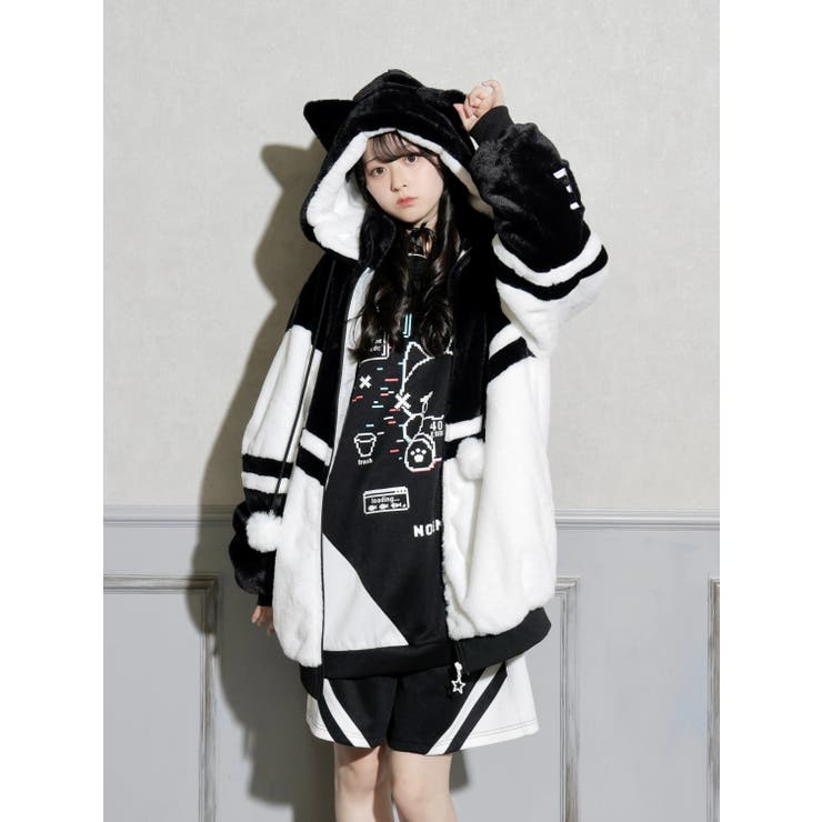 黒 | ねこ耳お星さまぽんぽんユニセックスファーブルゾン | NOEMIE