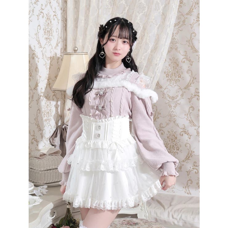 ピンク | ビジューリボンケーブルオフショルファーニット | NOEMIE