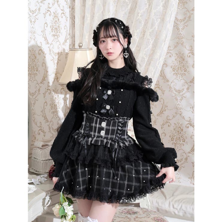 黒 | ビジューリボンケーブルオフショルファーニット | NOEMIE