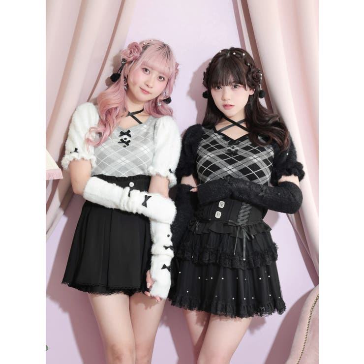 フェザーアームウォーマー付きチェックニット | NOEMIE | 詳細画像1 