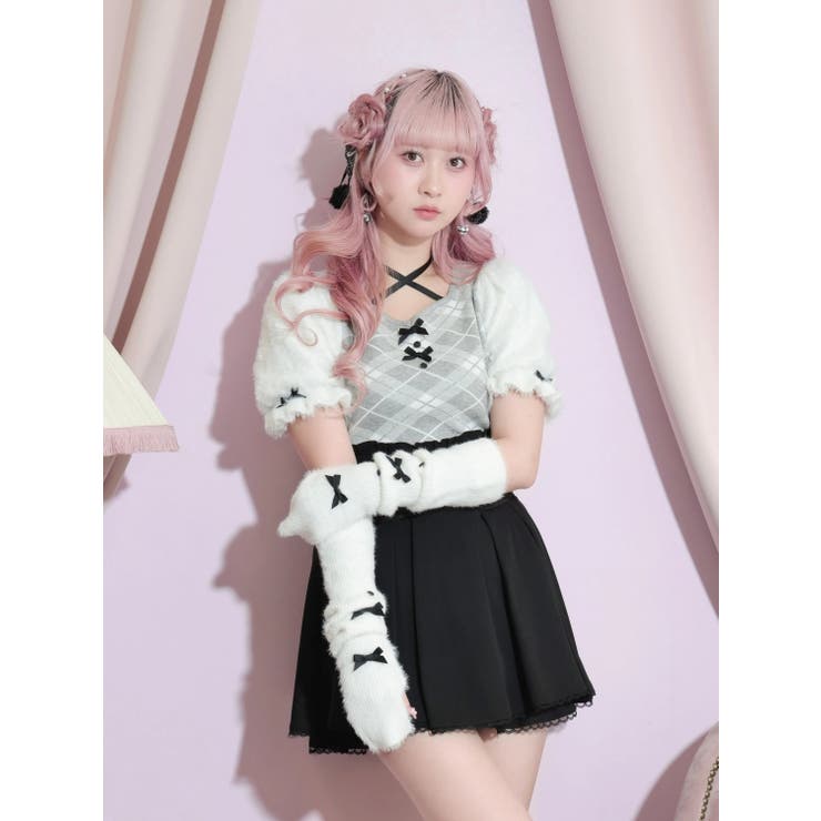 オフホワイト | フェザーアームウォーマー付きチェックニット | NOEMIE