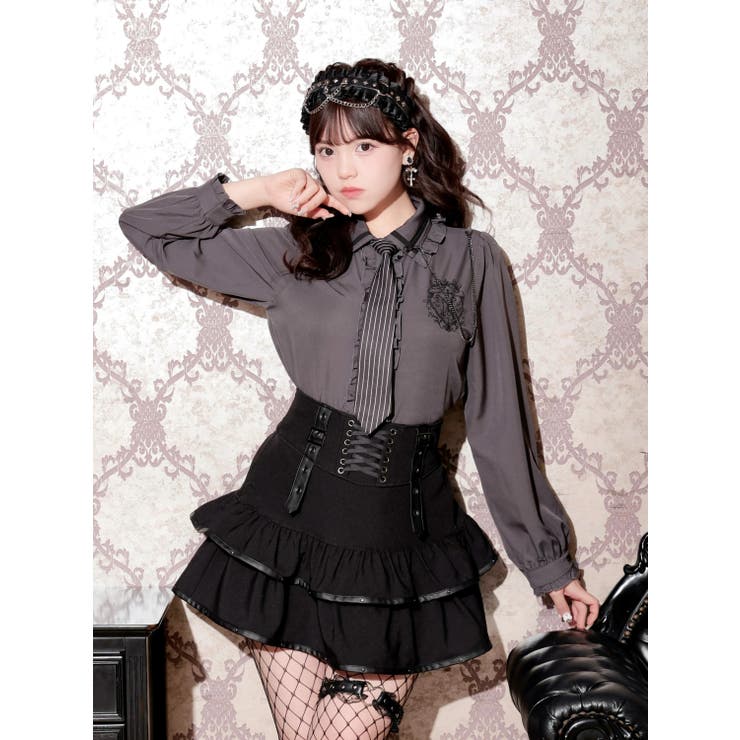 濃グレー | ストライプネクタイエンブレムブラウス | NOEMIE