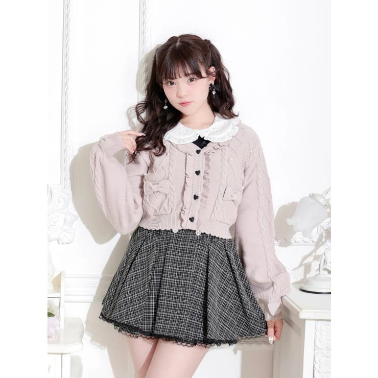 ピンク | ダブルリボンハートケーブルショートカーディガン | NOEMIE