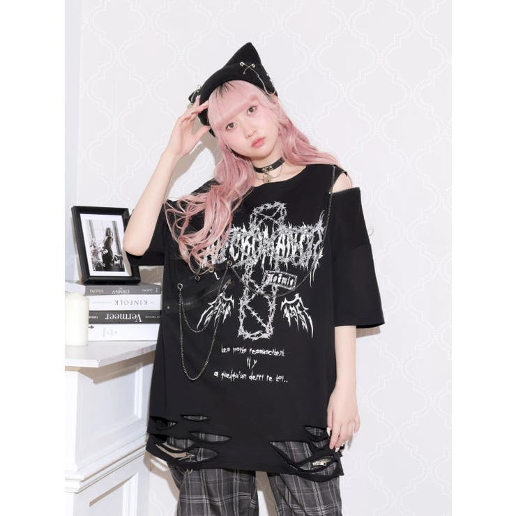 黒 | 鉄線クロスチェーンダメージユニセックスTシャツ | NOEMIE