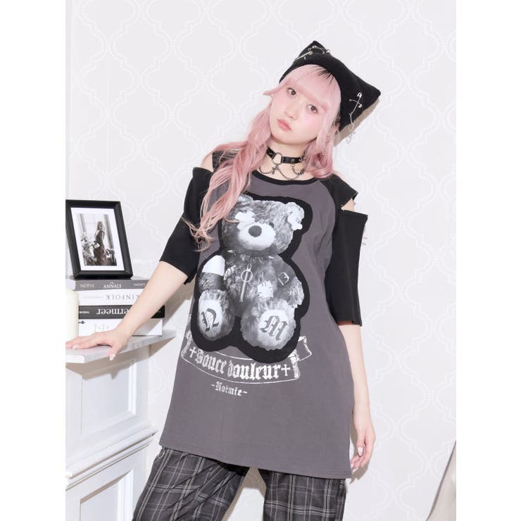 濃グレー | 病みくまラグラン肩ジップユニセックスTシャツ | NOEMIE