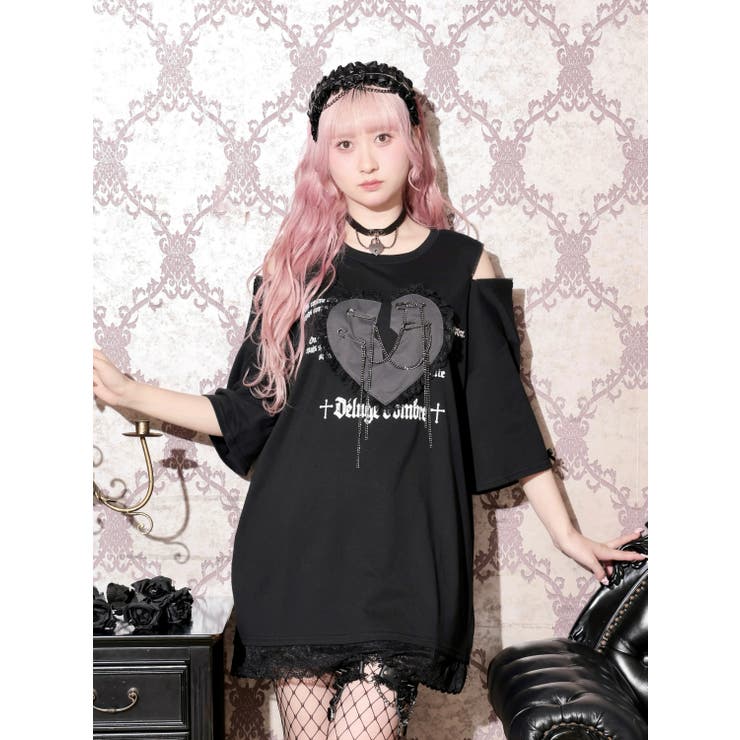 黒 | ハートモチーフ安ピン肩ZIPＴシャツ | NOEMIE