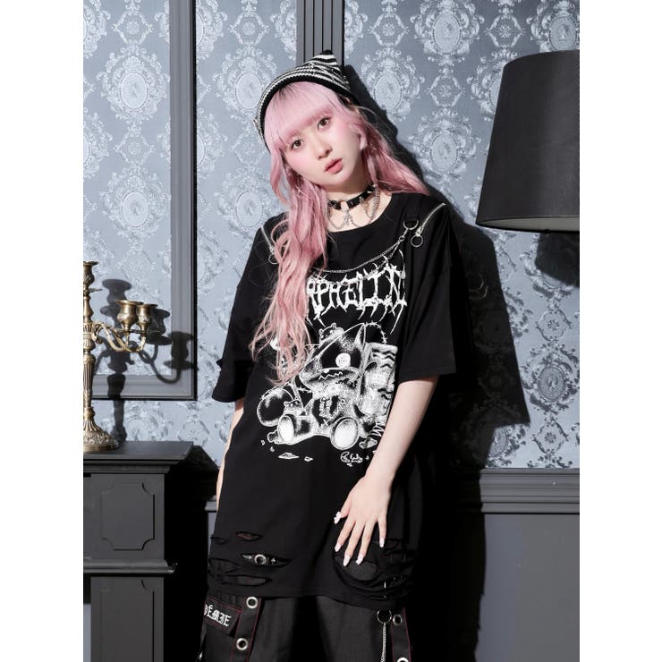 黒 | 鉄線チェーンねこダメージユニセックスTシャツ | NOEMIE