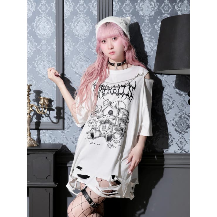 オフホワイト | 鉄線チェーンねこダメージユニセックスTシャツ | NOEMIE