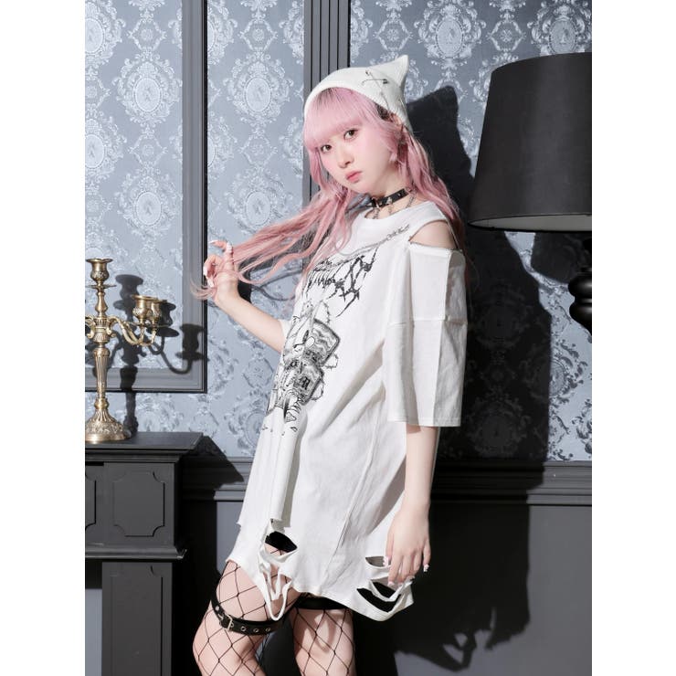 鉄線チェーンねこダメージユニセックスTシャツ | NOEMIE | 詳細画像2 