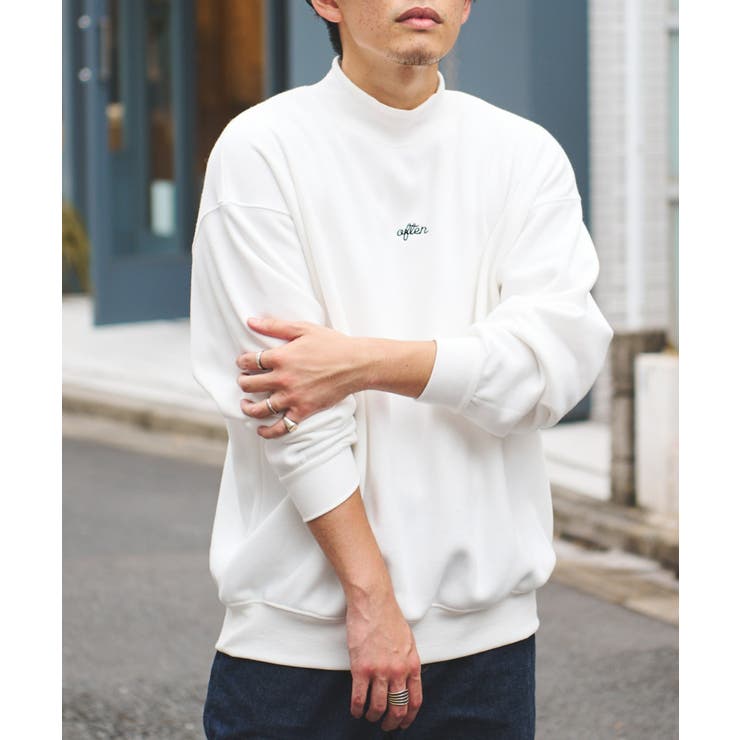 トップス Pellicule planetpc sweat tops White ワンポイント刺繍TC裏起毛スウェットモックネックプルオーバー[品番
